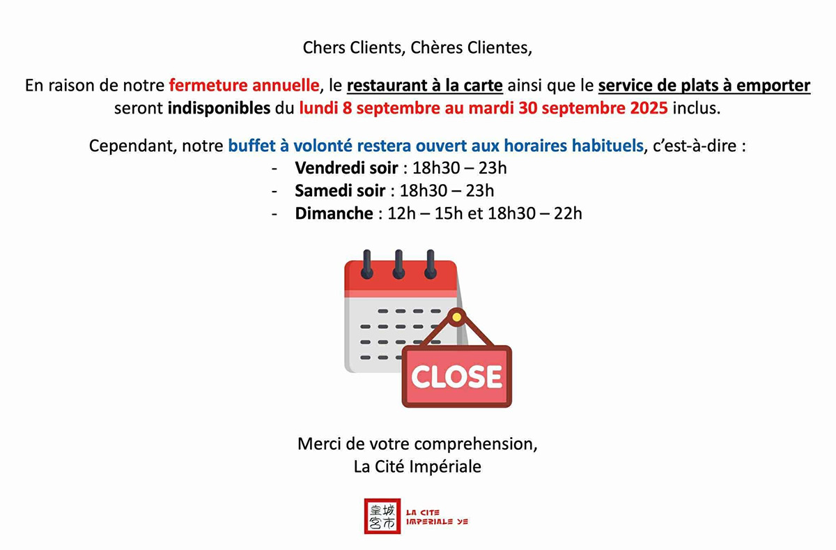 horaire et tarifs cité impériale Mettet restaurant chinois et hotel